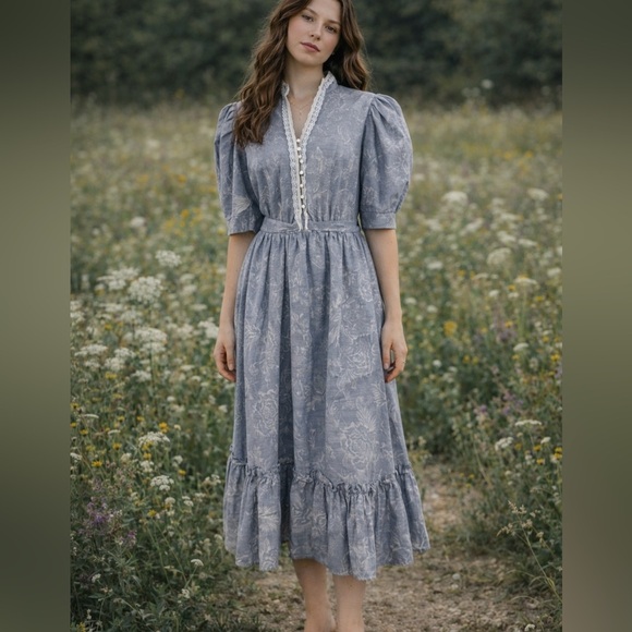 Pea Patch Dresses & Skirts - Vintage Pea Patch Prairie Dress Womens 11/12 Beaded Lace Pearl Puff Cottage USA